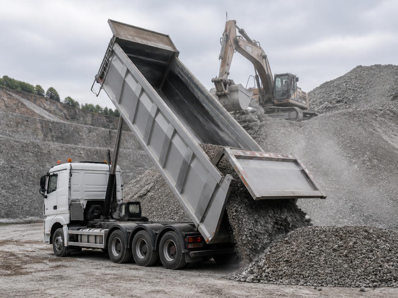Camion benne TP déchargeant des matériaux en carrière